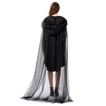 Halloween Disfraz de Bruja Malvada Vestido Sexy de Encaje Negro para Adultos Femenino